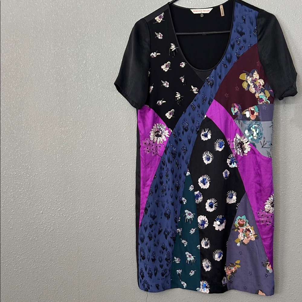 Rebecca Taylor 100% Silk Colorblock Patchwork Dress in Purple & Black Size 2